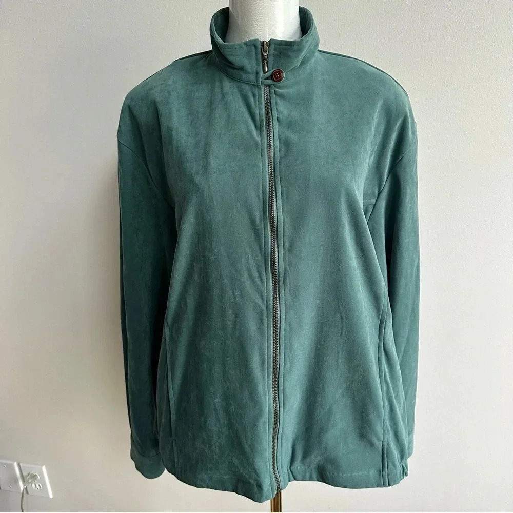 Vintage Y2K Muted Earthy Green Casual Full Zip Casual Bomber Shacket Jacket L